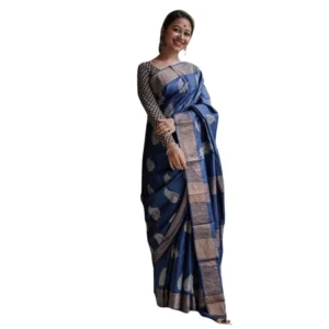 Generic Women's Silk Printed Saree With Unstitched Blouse 5.5Mtr (Navy Blue)