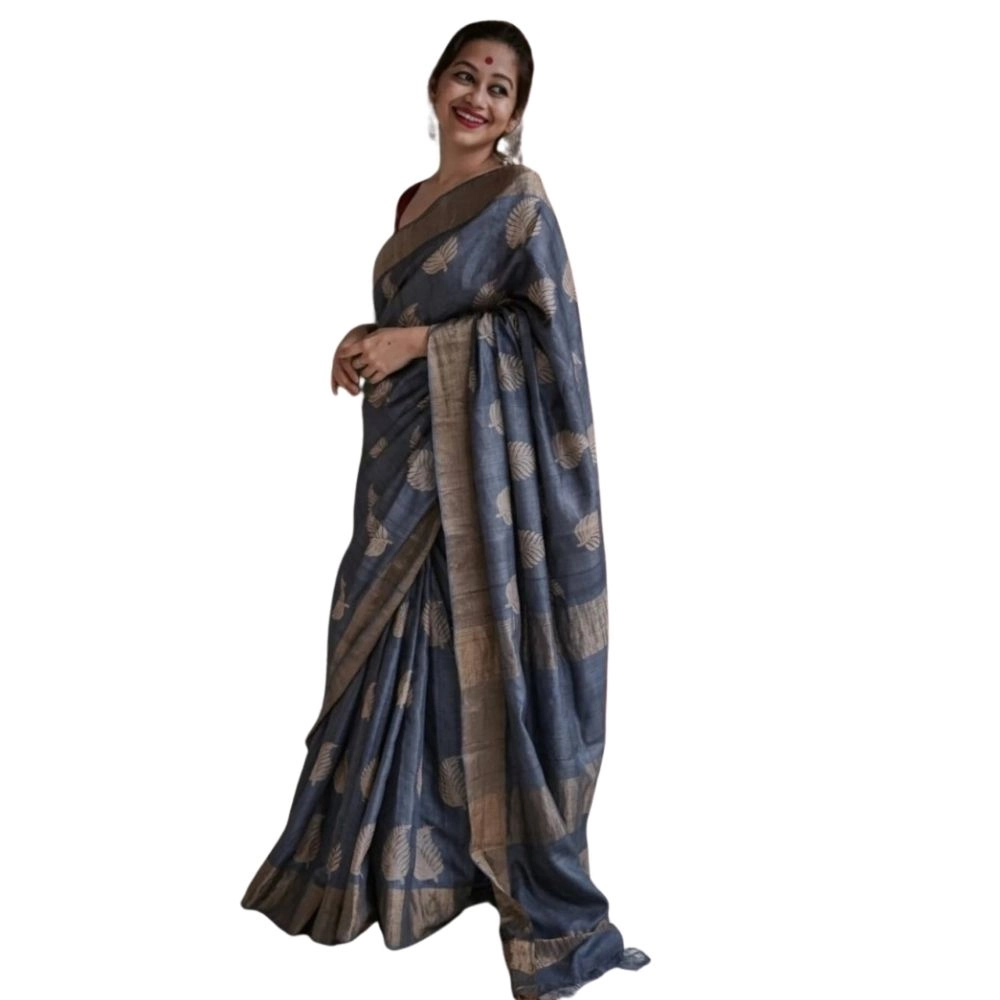 Generic Women's Silk Printed Saree With Unstitched Blouse 5.5Mtr (Grey)