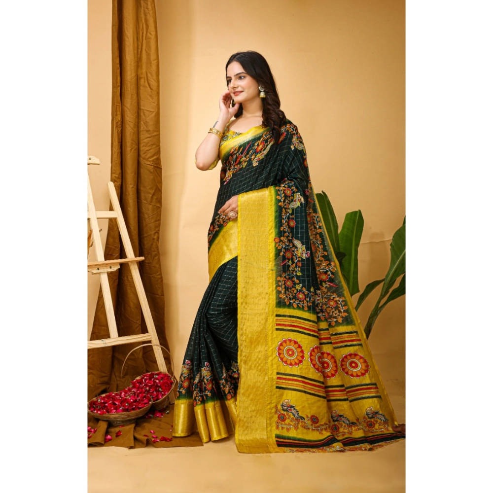 Generic Women's Soft Dola Cotton Kalamkari Printed Saree With Unstitched Blouse 5.5Mtr (Green) - Image 3