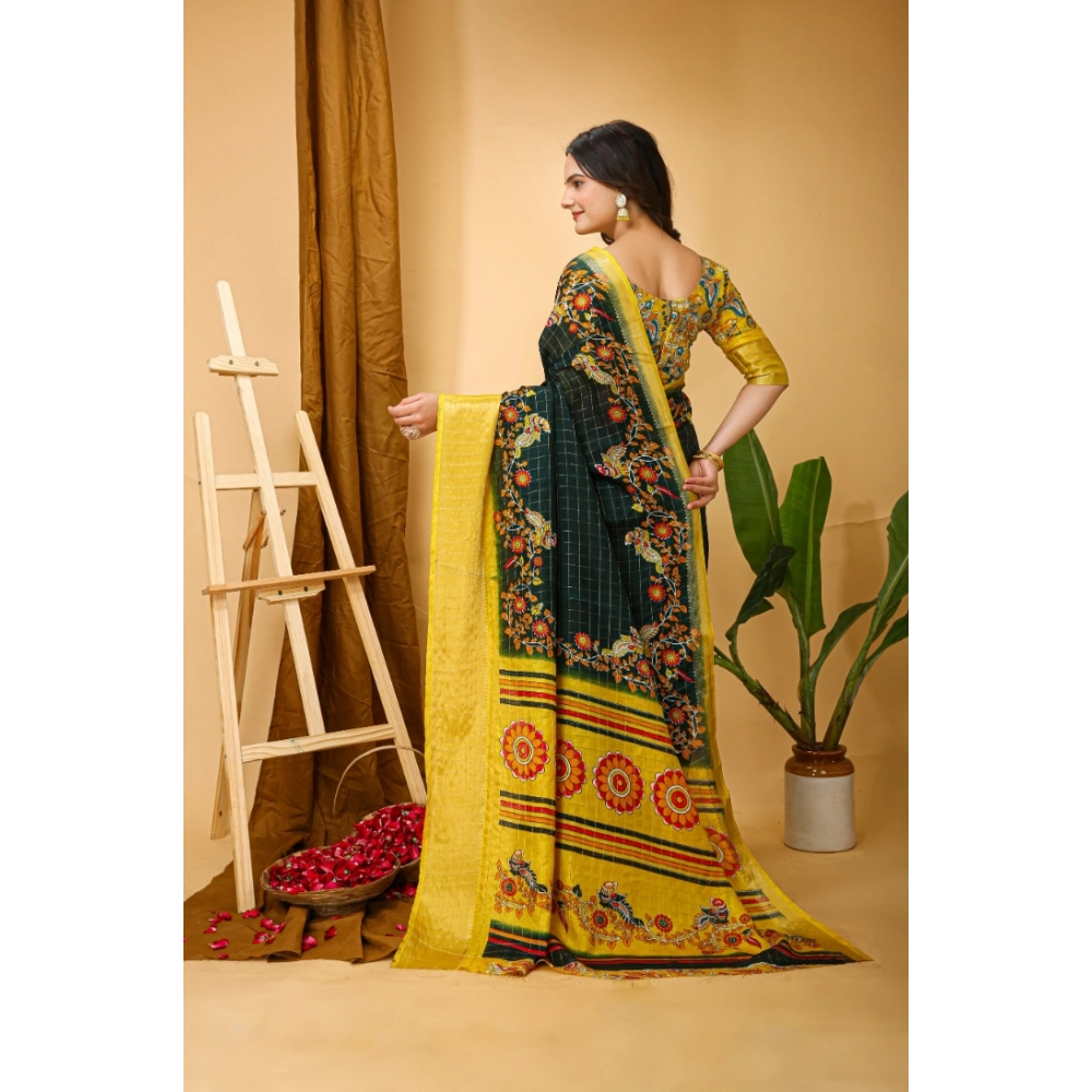 Generic Women's Soft Dola Cotton Kalamkari Printed Saree With Unstitched Blouse 5.5Mtr (Green) - Image 2