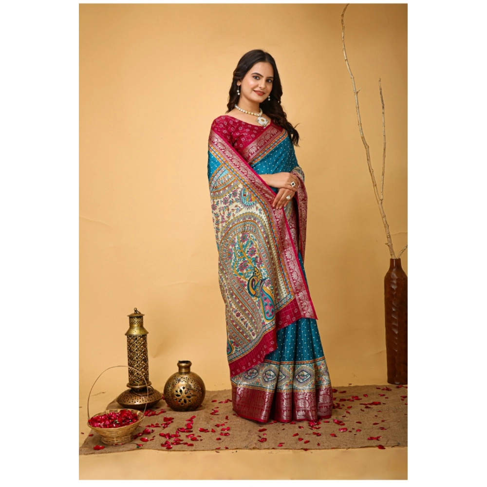 Generic Women's Soft Dola Cotton Kalamkari Printed Saree With Unstitched Blouse 5.5Mtr (Sky Blue) - Image 2