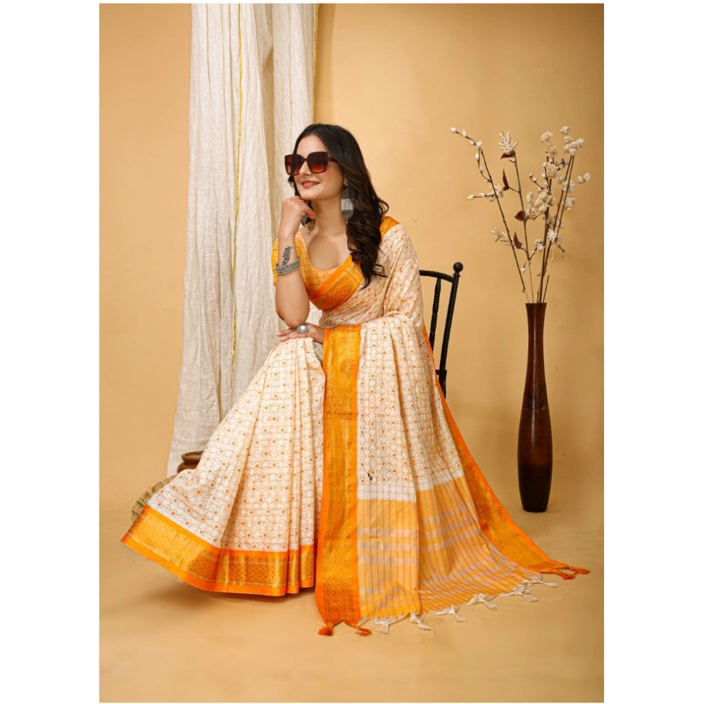 Generic Women's Soft Cotton Silk Printed Saree With Unstitched Blouse 5.5Mtr (Yellow) - Image 2