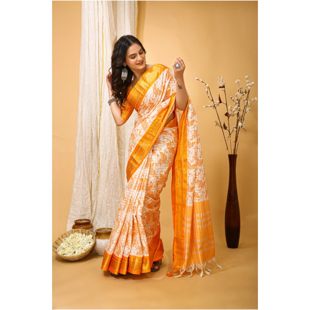 Generic Women's Soft Cotton Silk Printed Saree With Unstitched Blouse 5.5Mtr (Yellow) - Image 2