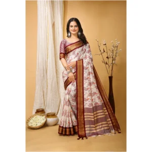 Generic Women's Soft Cotton Silk Printed Saree With Unstitched Blouse 5.5Mtr (Maroon)