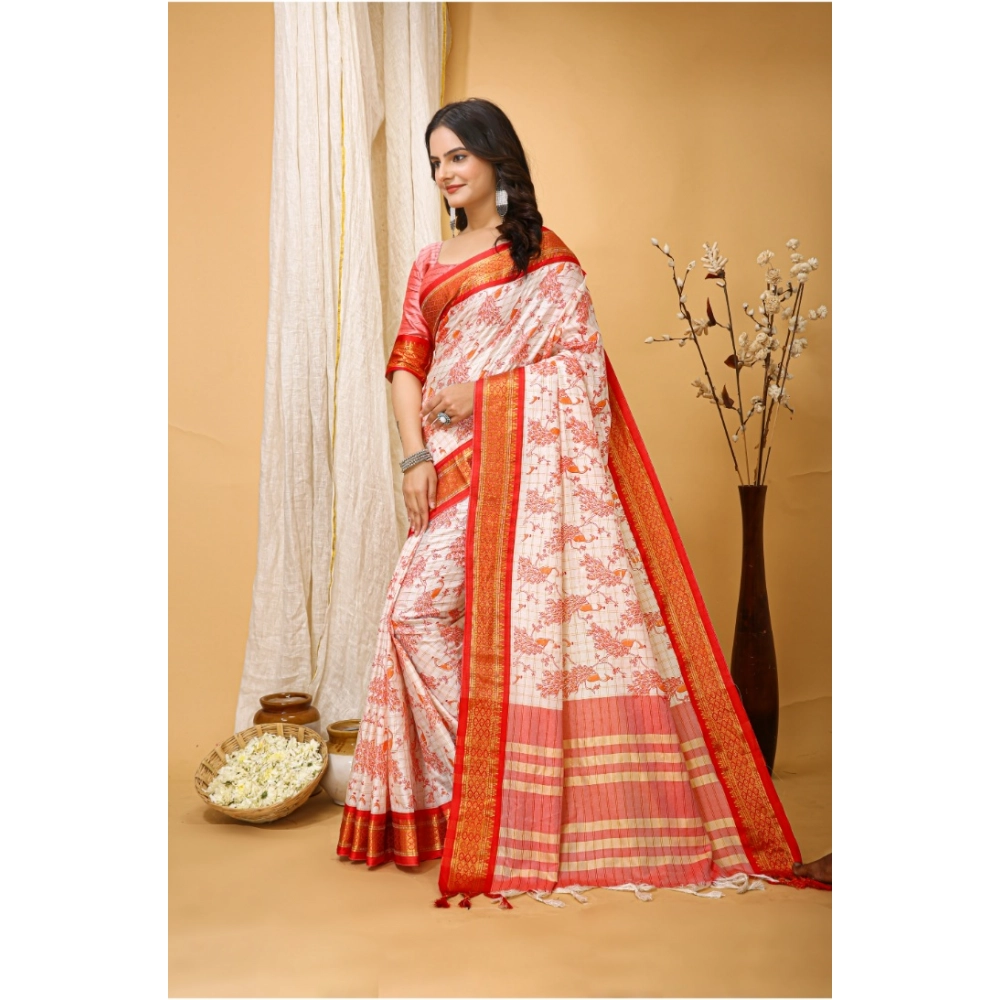 Generic Women's Soft Cotton Silk Printed Saree With Unstitched Blouse 5.5Mtr (Red) - Image 3
