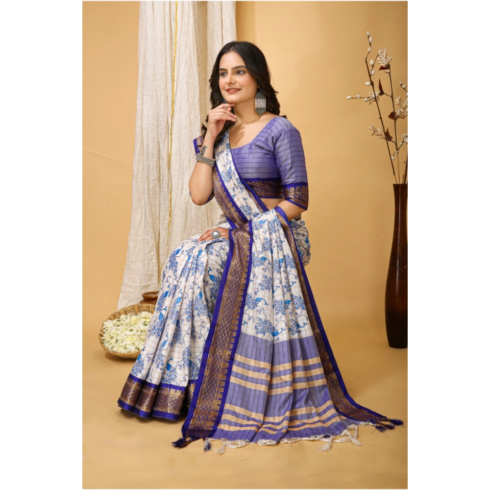 Generic Women's Soft Cotton Silk Printed Saree With Unstitched Blouse 5.5Mtr (Purple) - Image 2