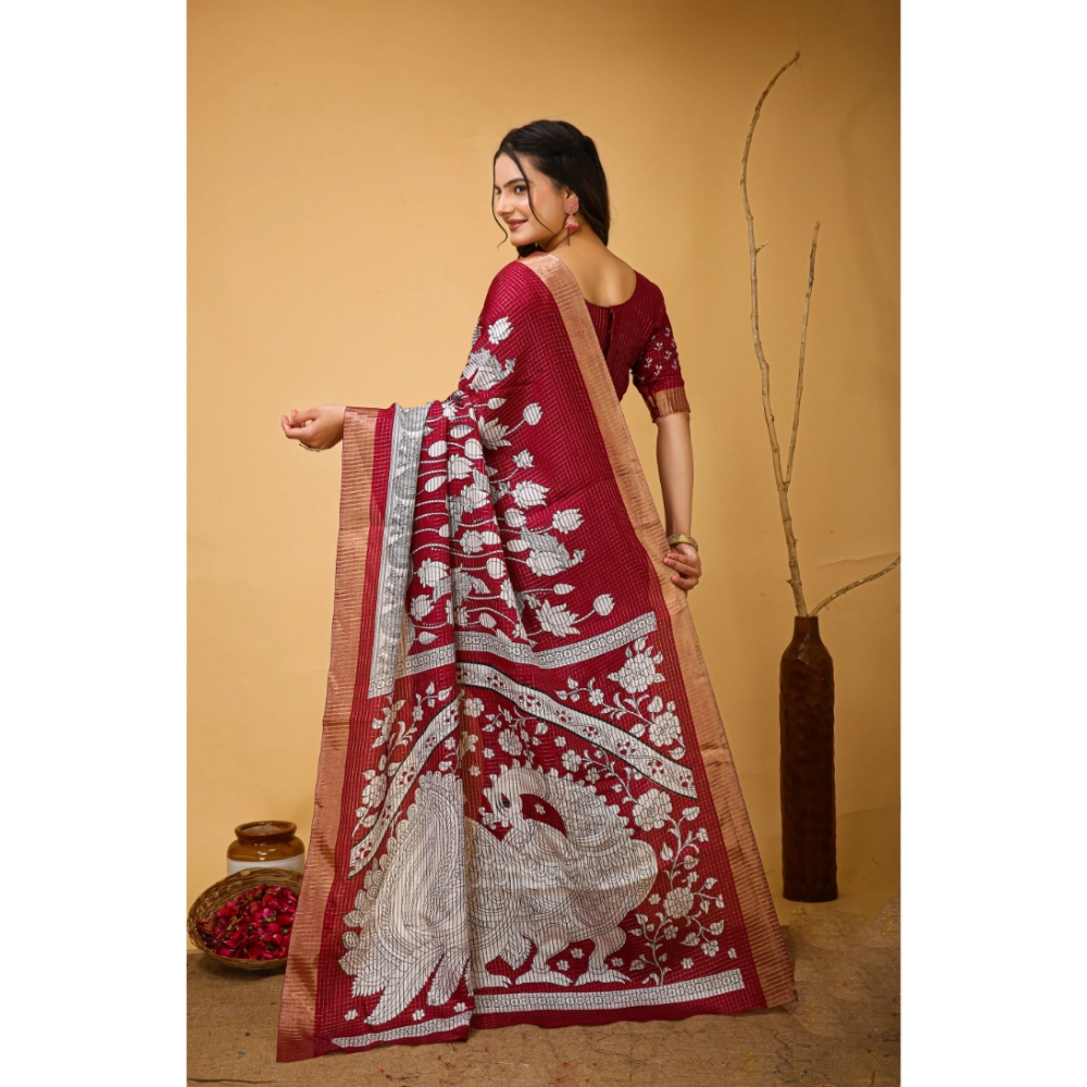 Generic Women's Soft Handloom Cotton Kalamkari Printed Saree With Unstitched Blouse 5.5Mtr (Maroon) - Image 3