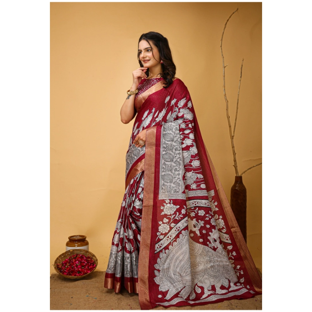 Generic Women's Soft Handloom Cotton Kalamkari Printed Saree With Unstitched Blouse 5.5Mtr (Maroon) - Image 4
