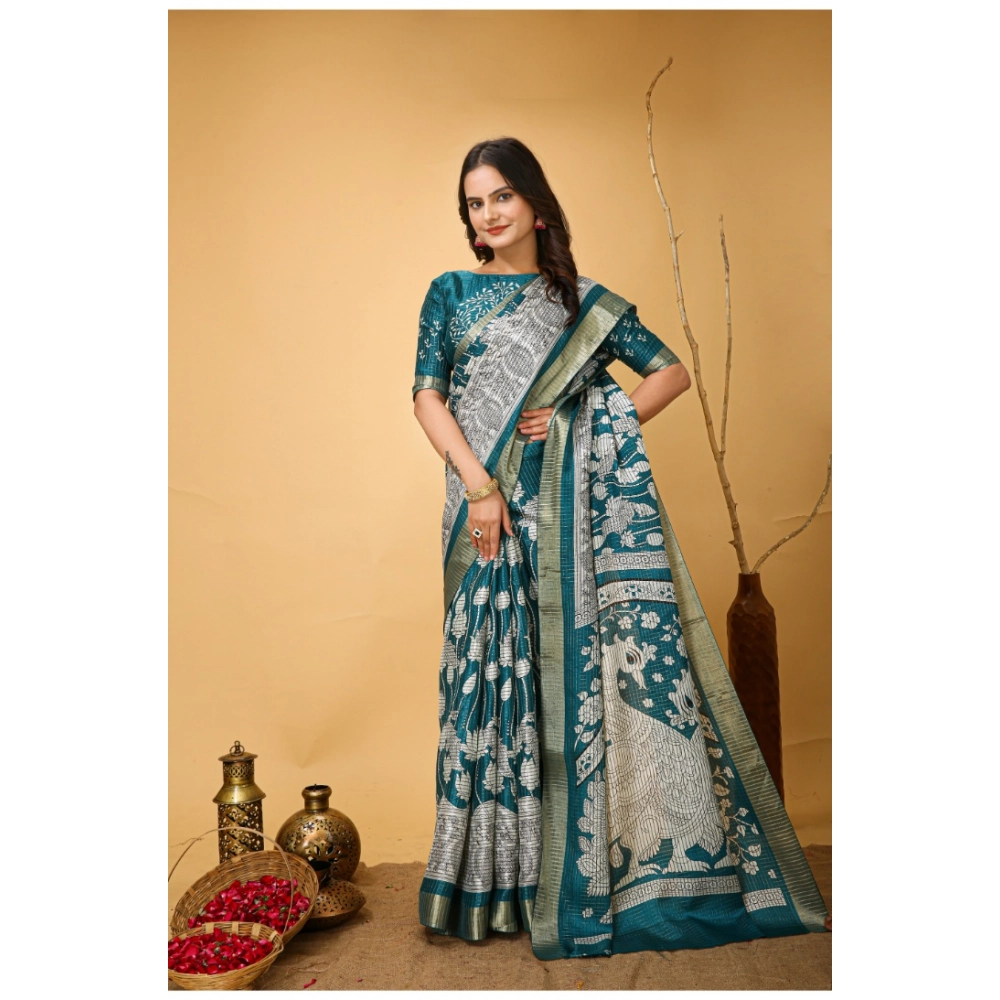 Generic Women's Soft Handloom Cotton Kalamkari Printed Saree With Unstitched Blouse 5.5Mtr (Turquoise) - Image 2