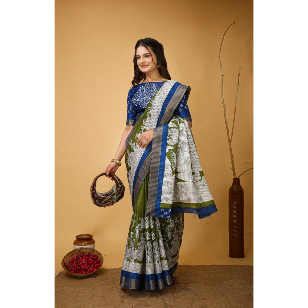 Generic Women's Soft Handloom Cotton Kalamkari Printed Saree With Unstitched Blouse 5.5Mtr (Mehendi) - Image 2