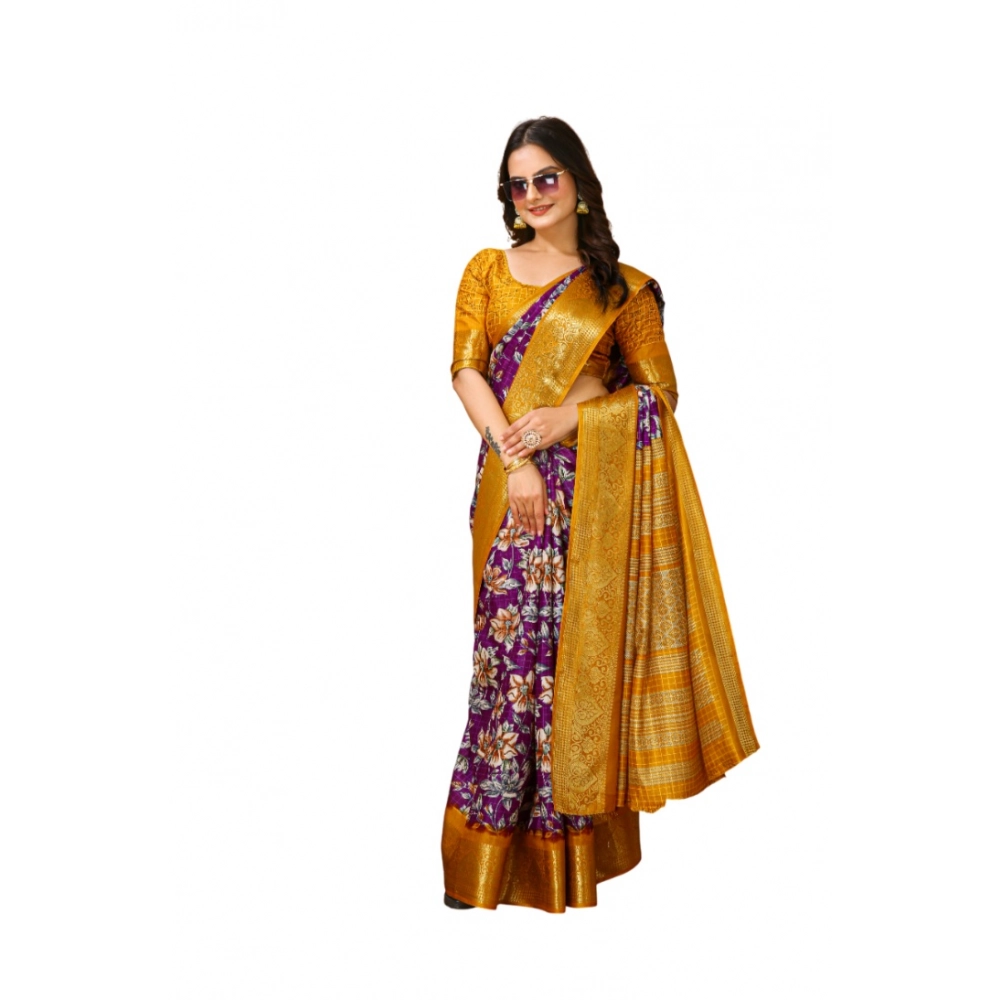 Generic Women's Soft Dola Cotton Kalamkari Printed Saree With Unstitched Blouse 5.5Mtr (Purple)