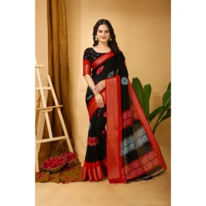 Generic Women's Soft Blooming Marshmallow Fabric Kalamkari Printed Saree With Unstitched Blouse 5.5Mtr (Black)