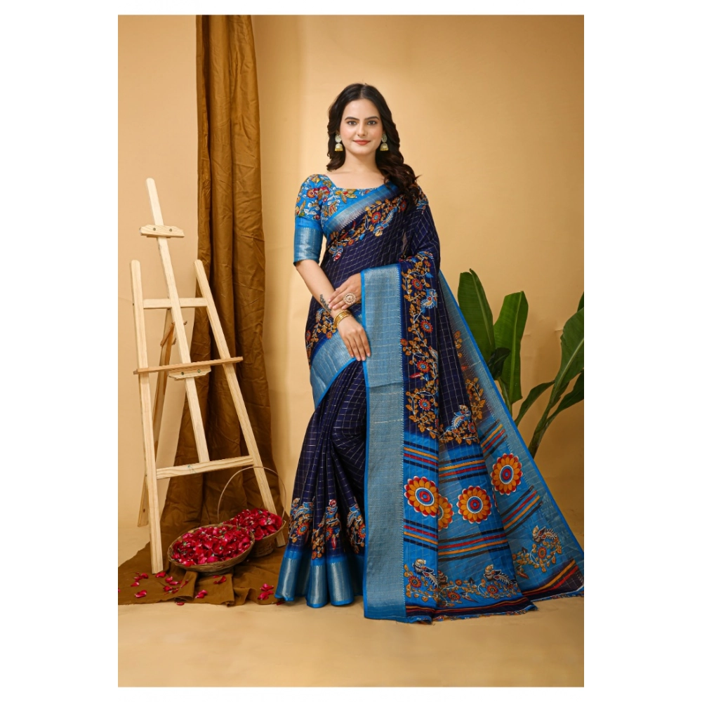 Generic Women's Soft Dola Cotton Kalamkari Printed Saree With Unstitched Blouse 5.5Mtr (Navy Blue) - Image 4