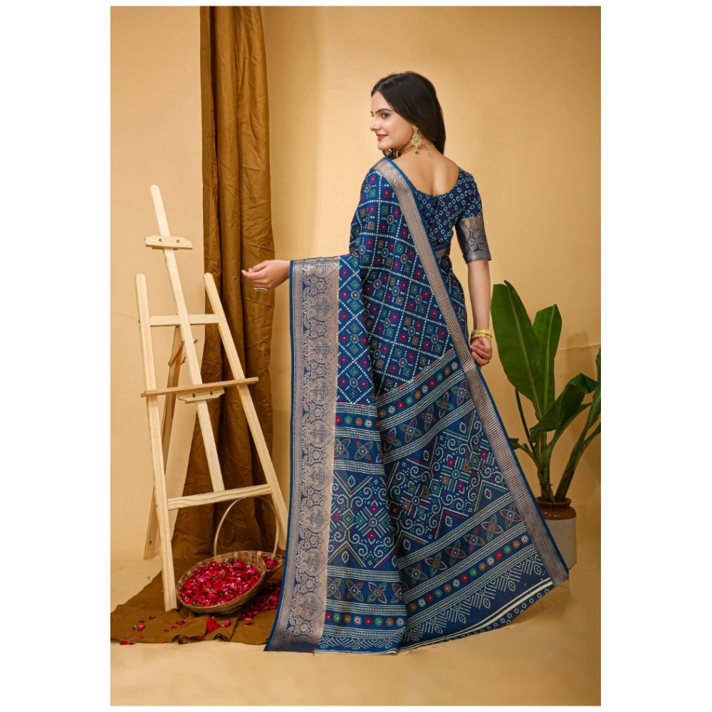 Generic Women's Soft Dola Cotton Kalamkari Printed Saree With Unstitched Blouse 5.5Mtr (Blue) - Image 3