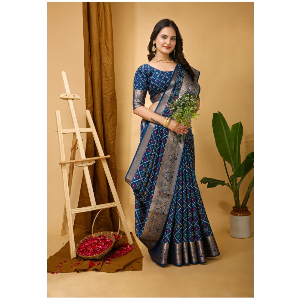 Generic Women's Soft Dola Cotton Kalamkari Printed Saree With Unstitched Blouse 5.5Mtr (Blue) - Image 2