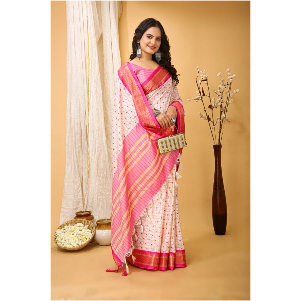 Generic Women's Soft Cotton Silk Printed Saree With Unstitched Blouse 5.5Mtr (Pink) - Image 2
