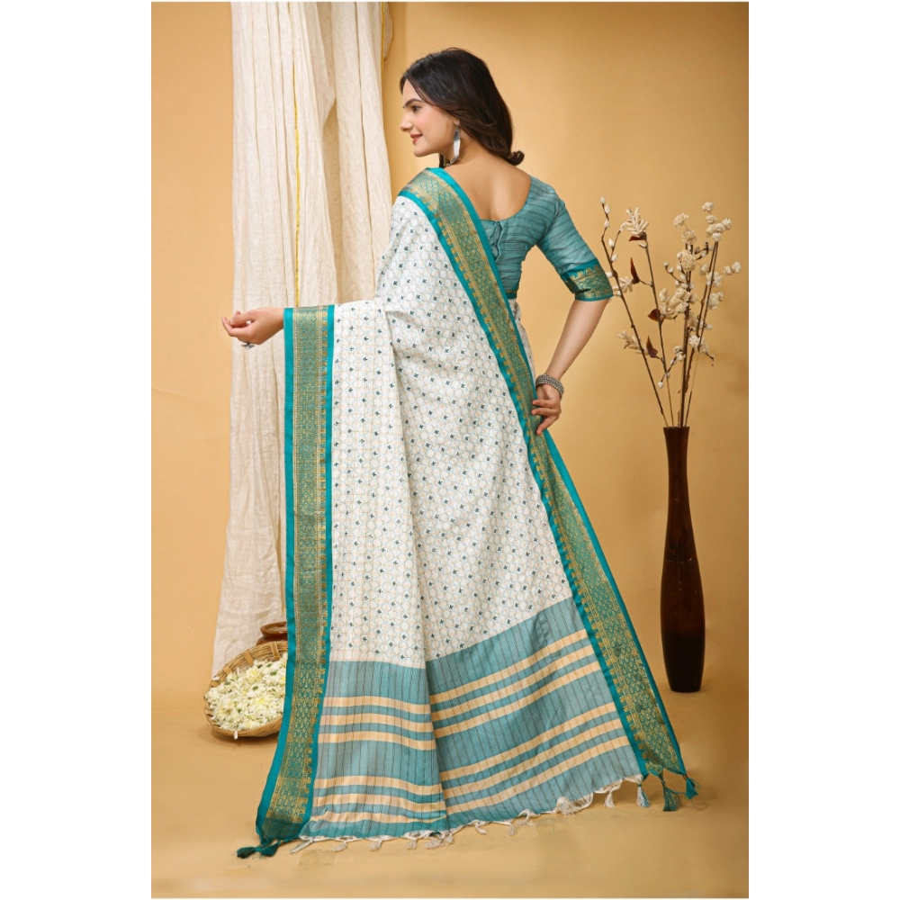 Generic Women's Soft Cotton Silk Printed Saree With Unstitched Blouse 5.5Mtr (Rama Green) - Image 3