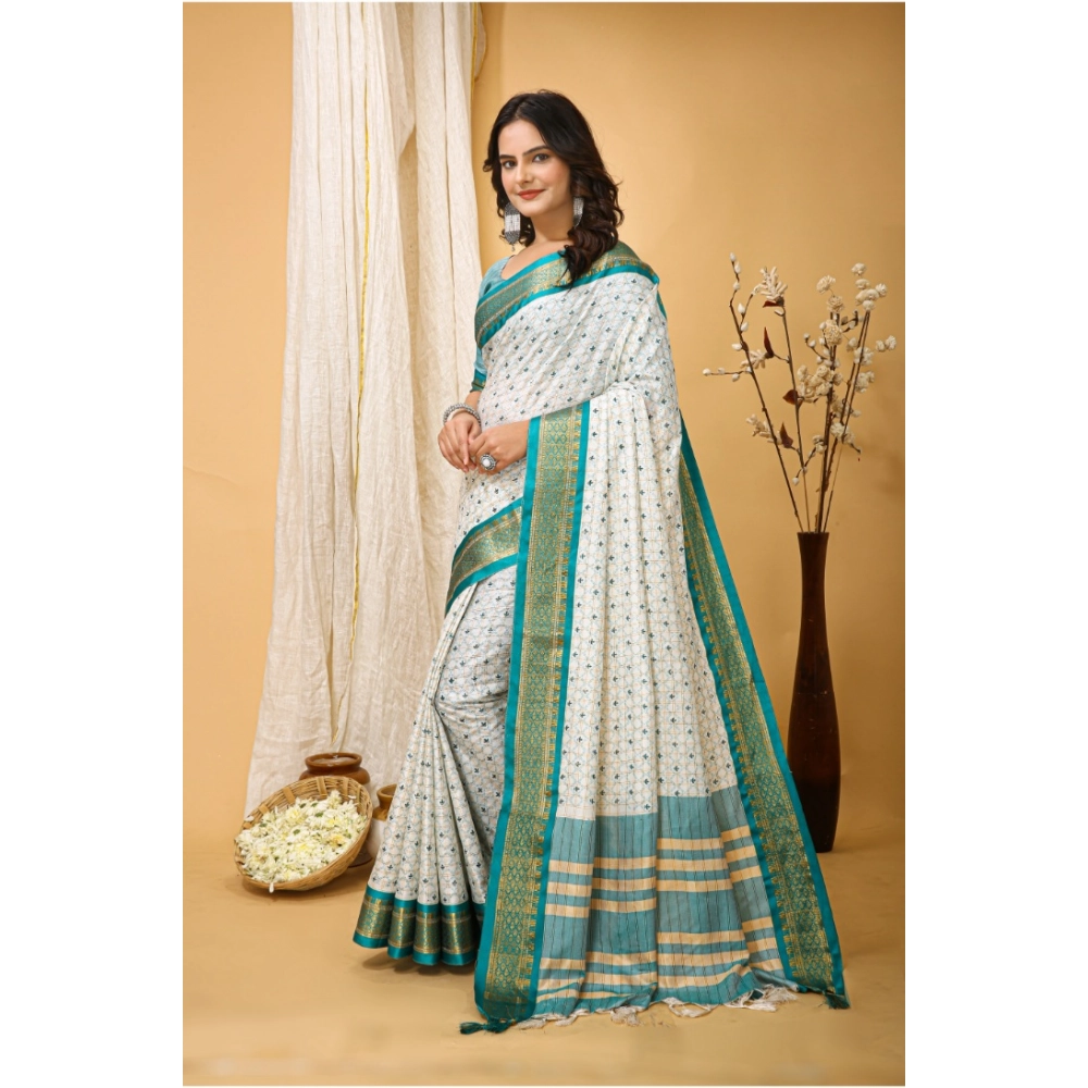 Generic Women's Soft Cotton Silk Printed Saree With Unstitched Blouse 5.5Mtr (Rama Green) - Image 4