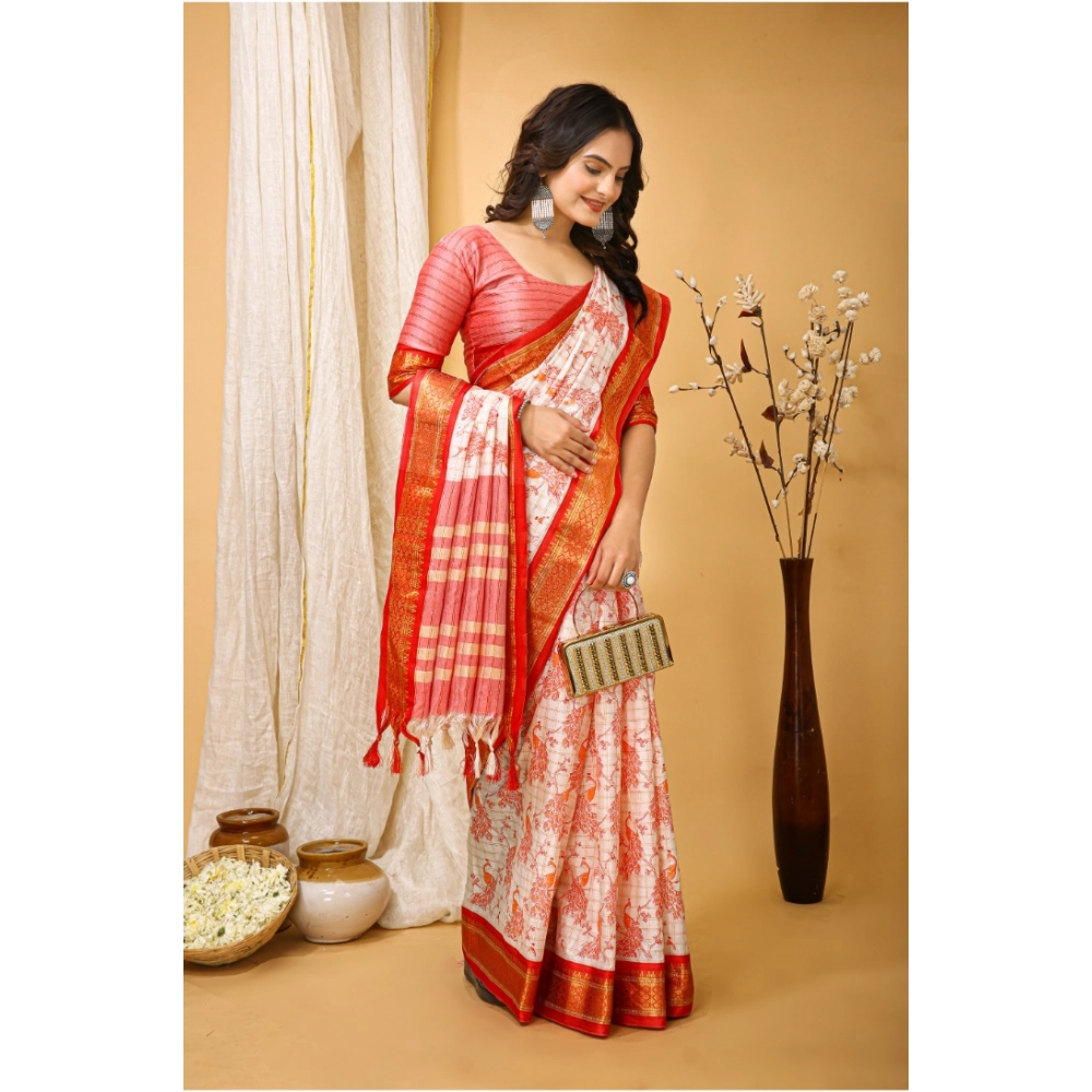 Generic Women's Soft Cotton Silk Printed Saree With Unstitched Blouse 5.5Mtr (Red) - Image 2
