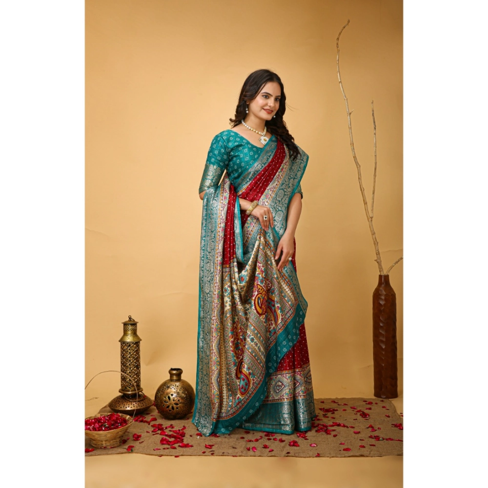 Generic Women's Soft Dola Cotton Kalamkari Printed Saree With Unstitched Blouse 5.5Mtr (Red) - Image 2