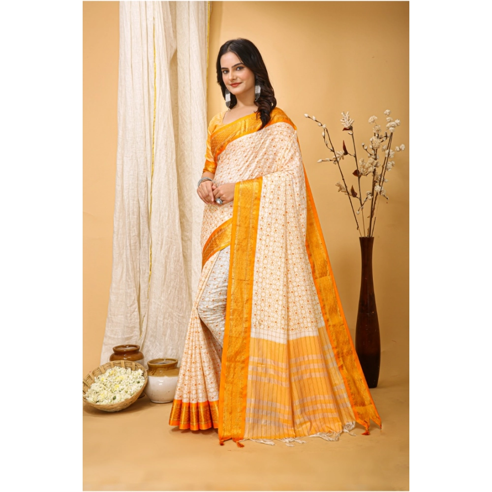 Generic Women's Soft Cotton Silk Printed Saree With Unstitched Blouse 5.5Mtr (Yellow) - Image 4