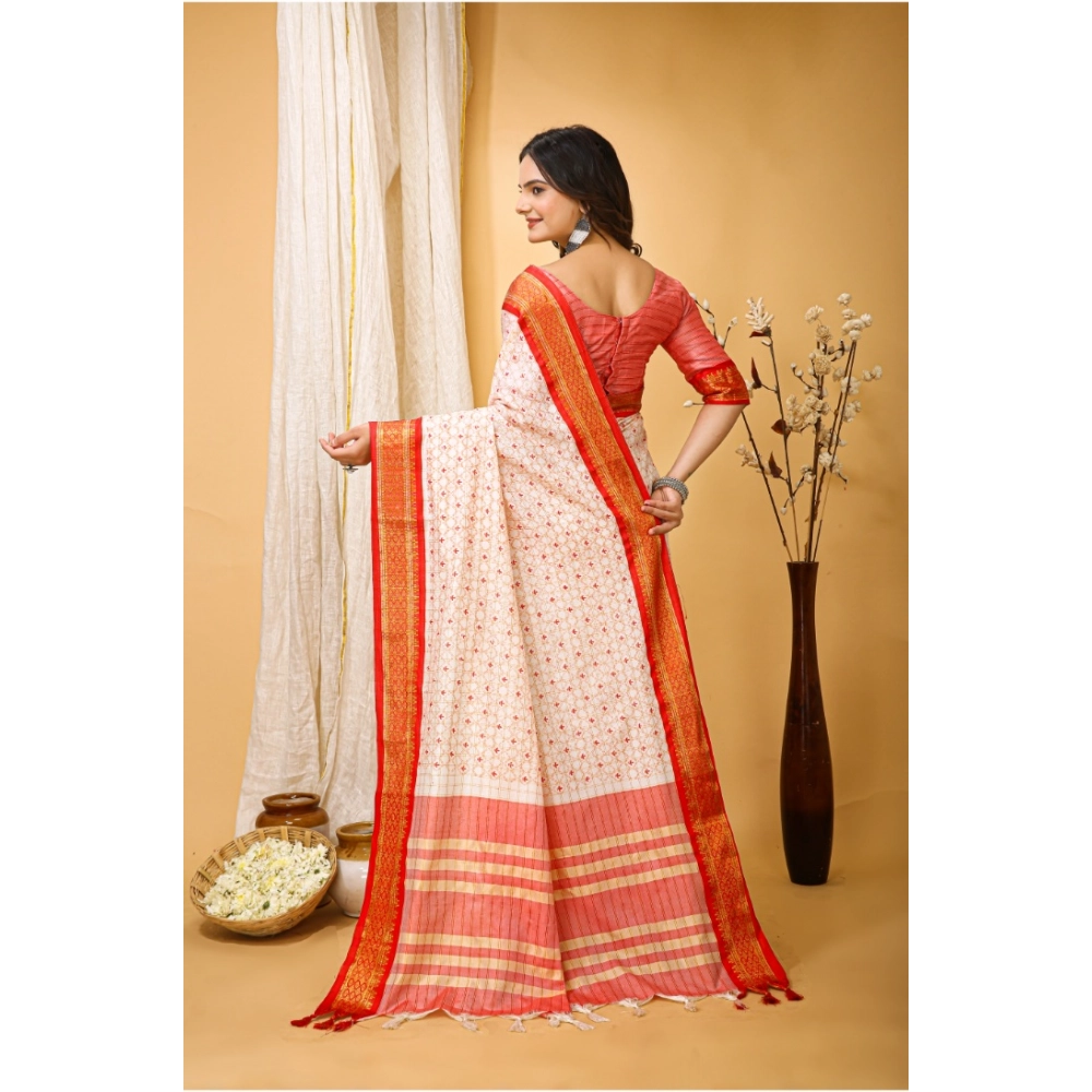 Generic Women's Soft Cotton Silk Printed Saree With Unstitched Blouse 5.5Mtr (Red) - Image 3