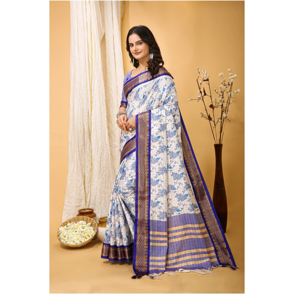 Generic Women's Soft Cotton Silk Printed Saree With Unstitched Blouse 5.5Mtr (Purple) - Image 4
