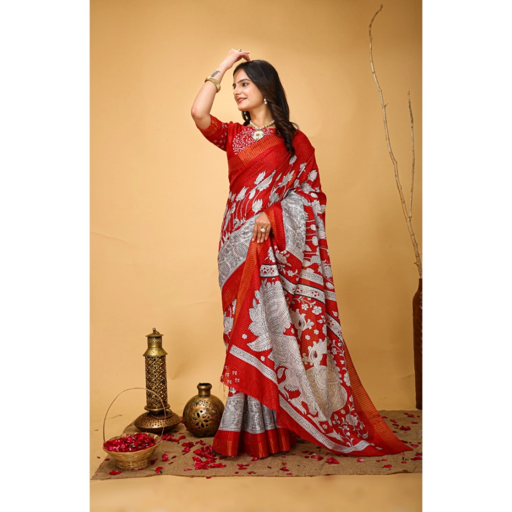 Generic Women's Soft Handloom Cotton Kalamkari Printed Saree With Unstitched Blouse 5.5Mtr (Red) - Image 3