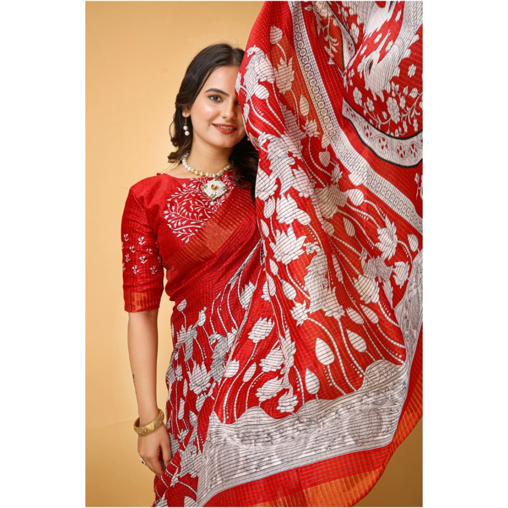 Generic Women's Soft Handloom Cotton Kalamkari Printed Saree With Unstitched Blouse 5.5Mtr (Red) - Image 2