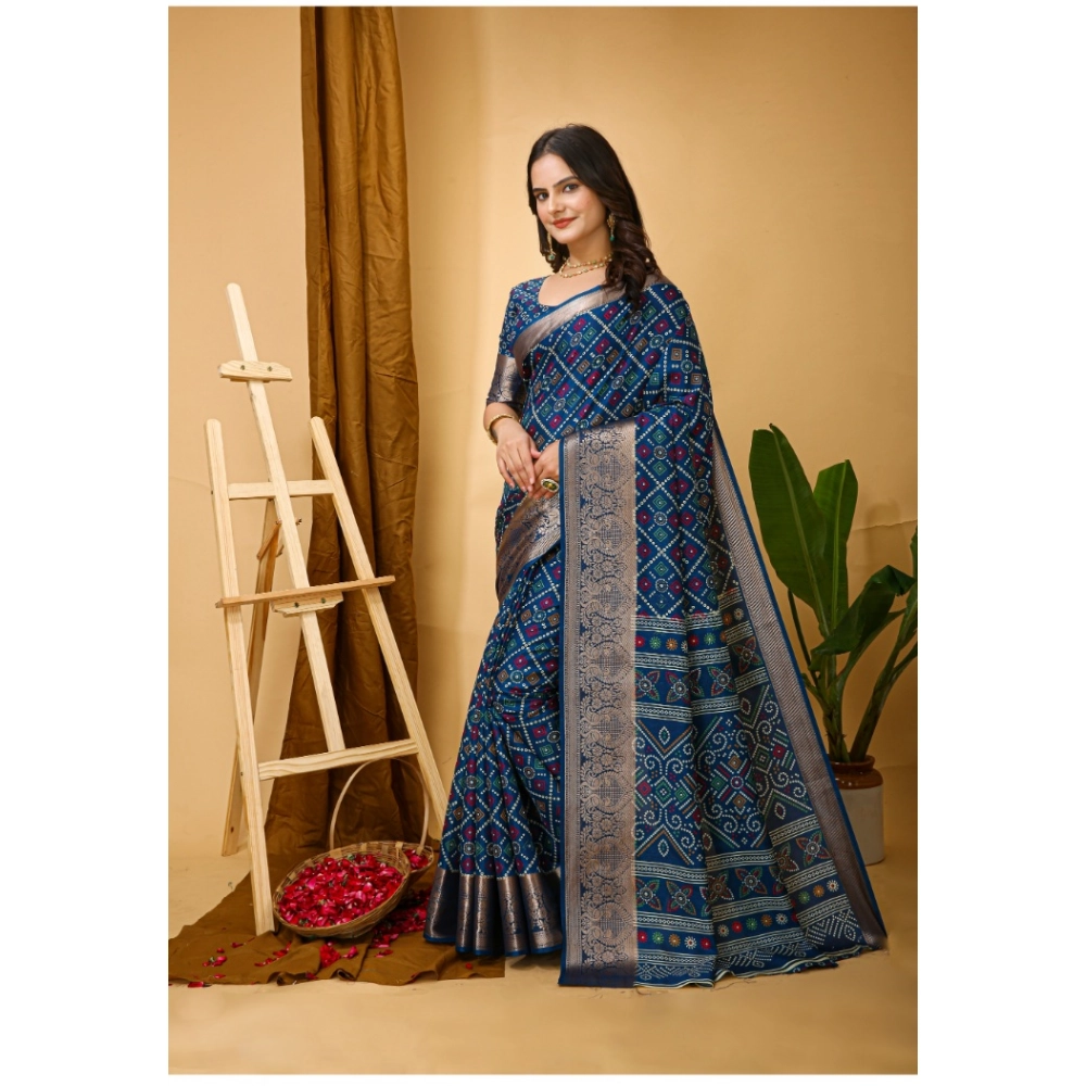 Generic Women's Soft Dola Cotton Kalamkari Printed Saree With Unstitched Blouse 5.5Mtr (Blue) - Image 4