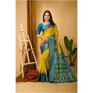 Generic Women's Soft Dola Cotton Kalamkari Printed Saree With Unstitched Blouse 5.5Mtr (Yellow)