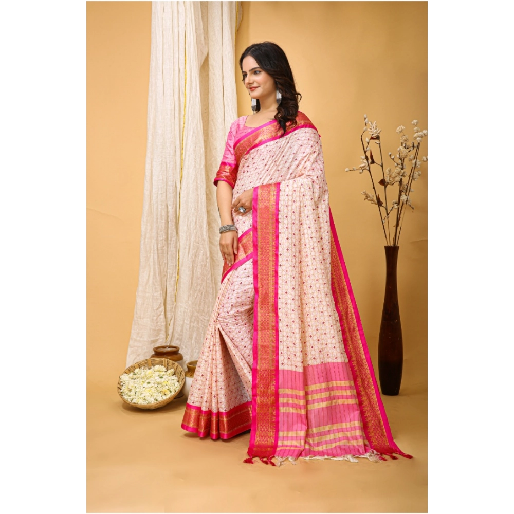 Generic Women's Soft Cotton Silk Printed Saree With Unstitched Blouse 5.5Mtr (Pink) - Image 4