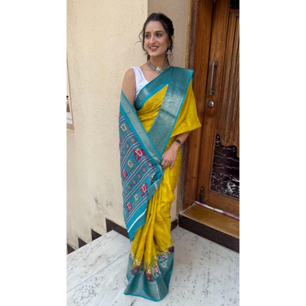 Generic Women's Soft Dola Cotton Kalamkari Printed Saree With Unstitched Blouse 5.5Mtr (Mustard) - Image 3