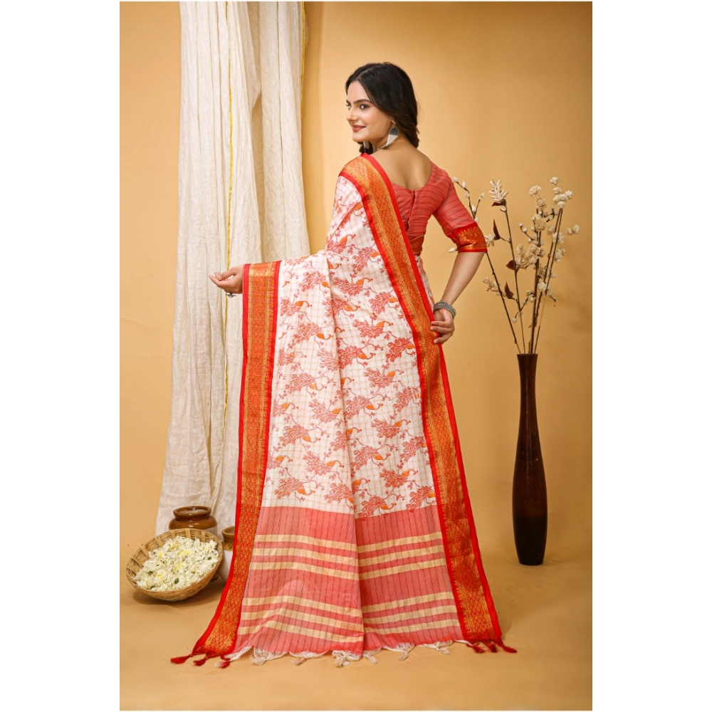 Generic Women's Soft Cotton Silk Printed Saree With Unstitched Blouse 5.5Mtr (Red) - Image 4