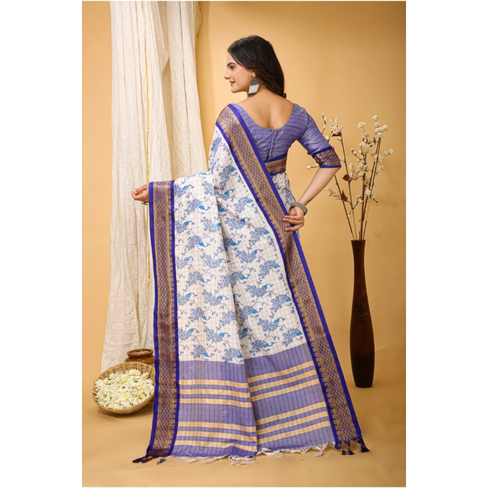 Generic Women's Soft Cotton Silk Printed Saree With Unstitched Blouse 5.5Mtr (Purple) - Image 3