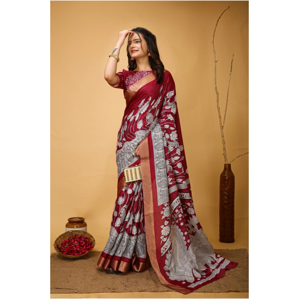 Generic Women's Soft Handloom Cotton Kalamkari Printed Saree With Unstitched Blouse 5.5Mtr (Maroon) - Image 2