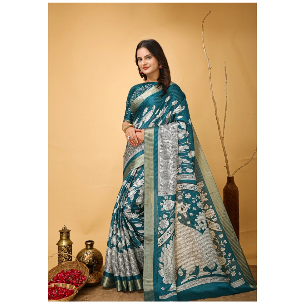 Generic Women's Soft Handloom Cotton Kalamkari Printed Saree With Unstitched Blouse 5.5Mtr (Turquoise) - Image 4