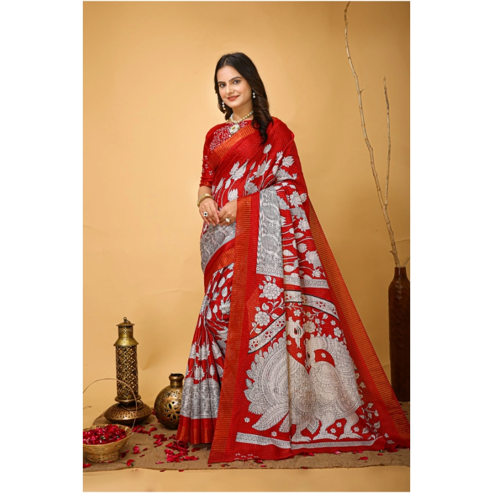 Generic Women's Soft Handloom Cotton Kalamkari Printed Saree With Unstitched Blouse 5.5Mtr (Red) - Image 4