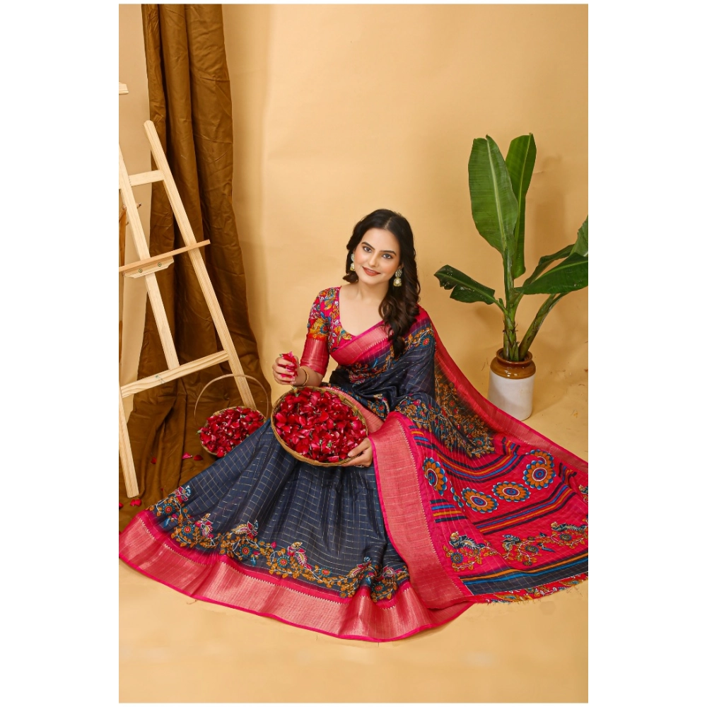 Generic Women's Soft Dola Cotton Kalamkari Printed Saree With Unstitched Blouse 5.5Mtr (Grey) - Image 2