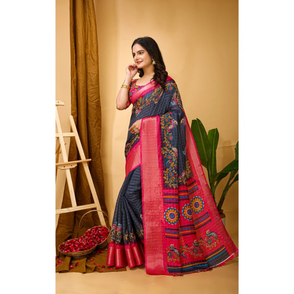 Generic Women's Soft Dola Cotton Kalamkari Printed Saree With Unstitched Blouse 5.5Mtr (Grey) - Image 4