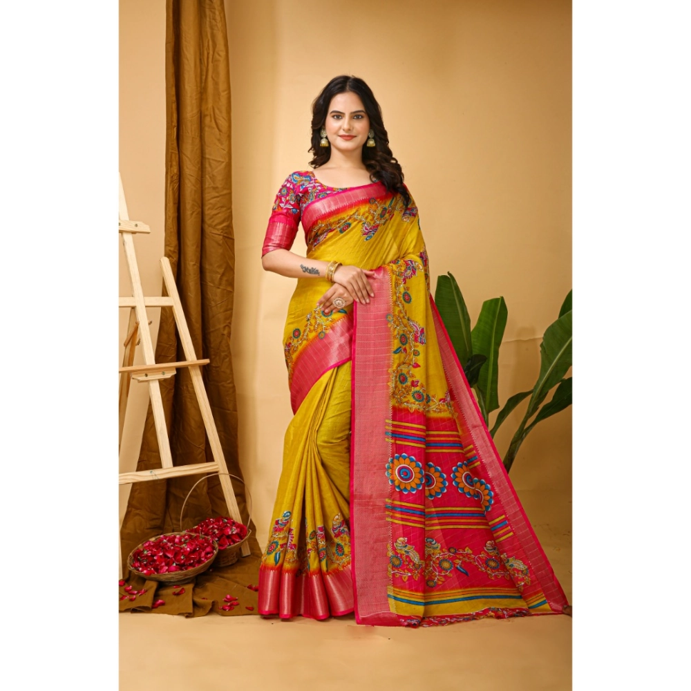 Generic Women's Soft Dola Cotton Kalamkari Printed Saree With Unstitched Blouse 5.5Mtr (Yellow) - Image 4