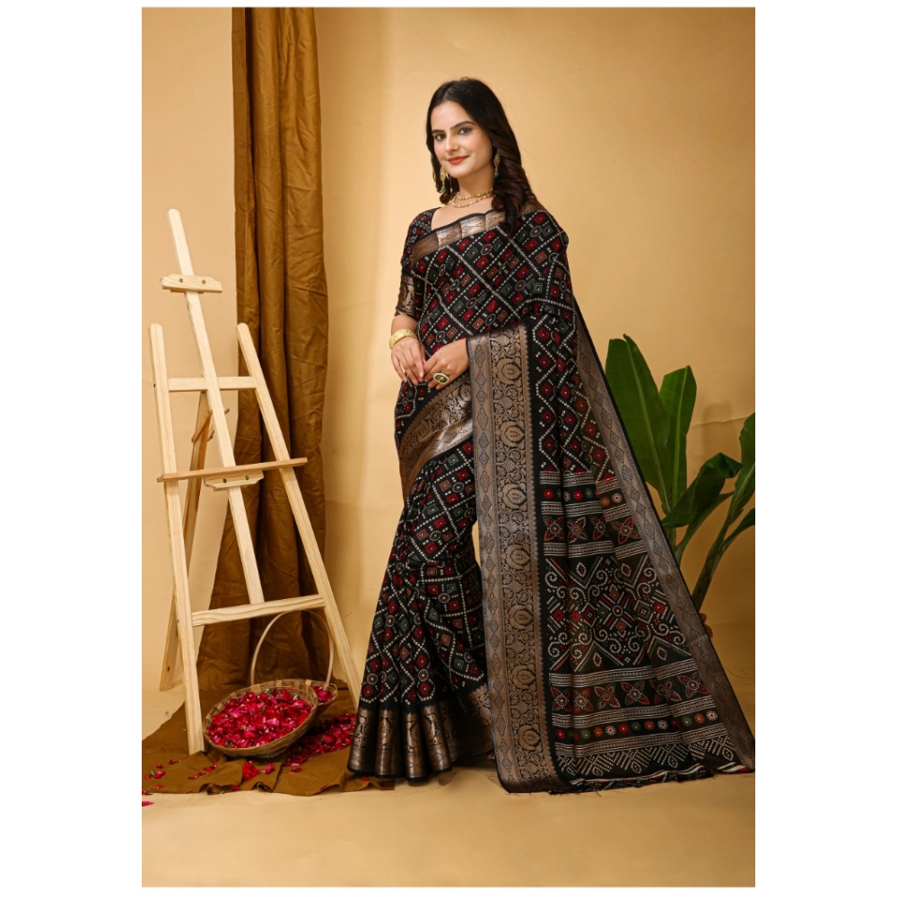 Generic Women's Soft Dola Cotton Kalamkari Printed Saree With Unstitched Blouse 5.5Mtr (Black) - Image 4