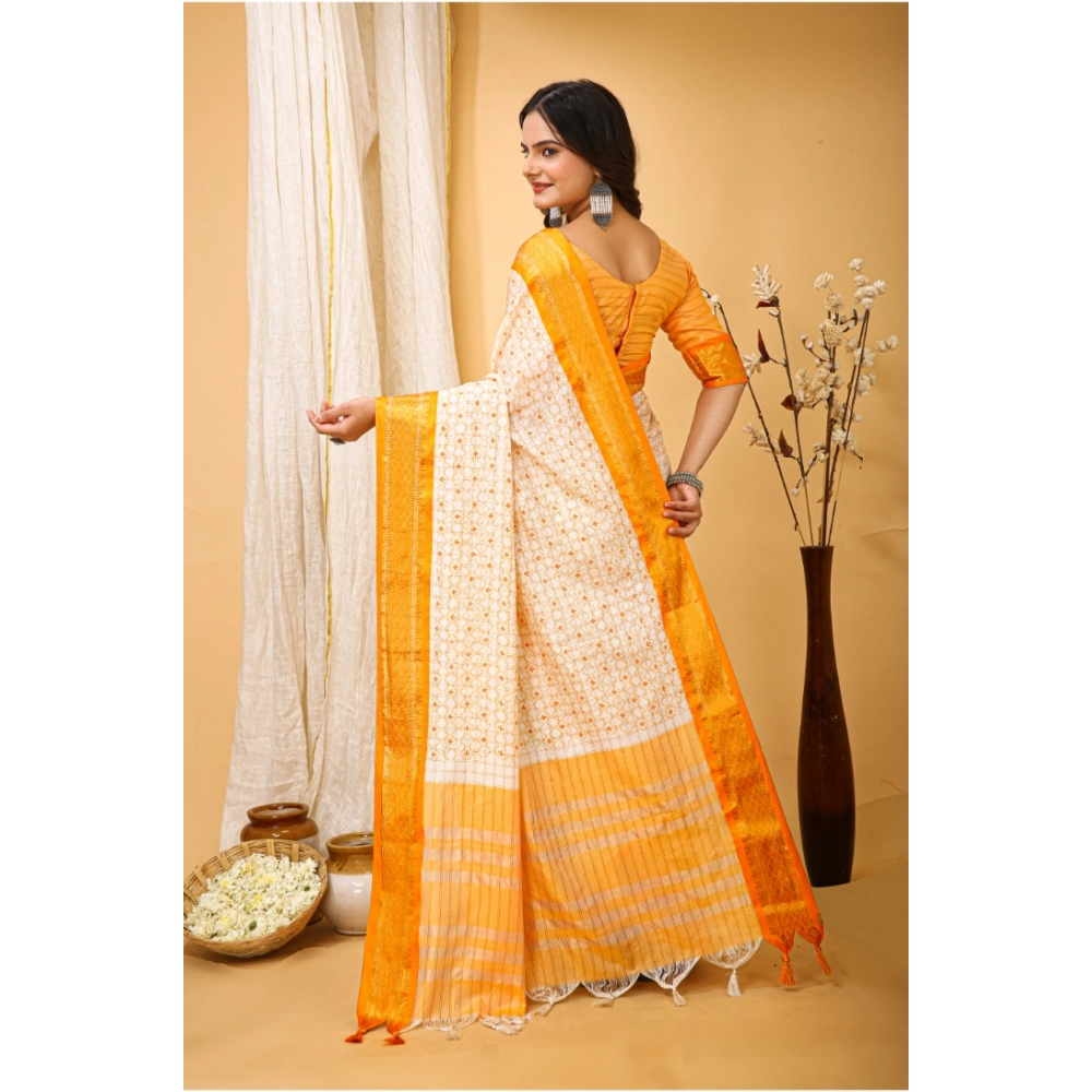 Generic Women's Soft Cotton Silk Printed Saree With Unstitched Blouse 5.5Mtr (Yellow) - Image 3