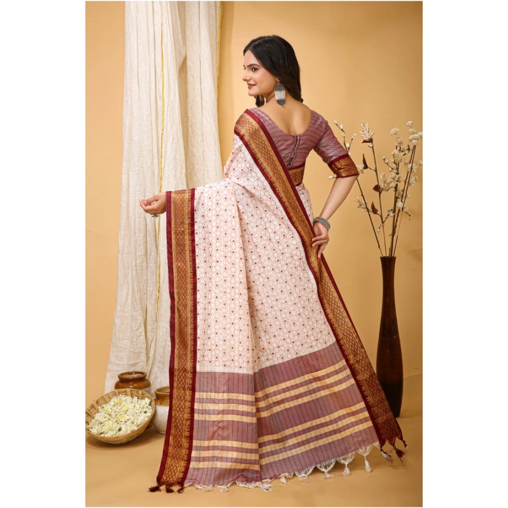 Generic Women's Soft Cotton Silk Printed Saree With Unstitched Blouse 5.5Mtr (Maroon) - Image 3