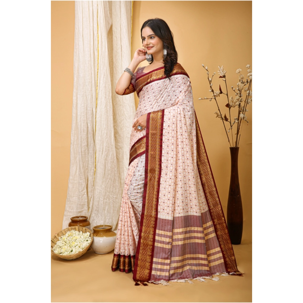 Generic Women's Soft Cotton Silk Printed Saree With Unstitched Blouse 5.5Mtr (Maroon) - Image 4