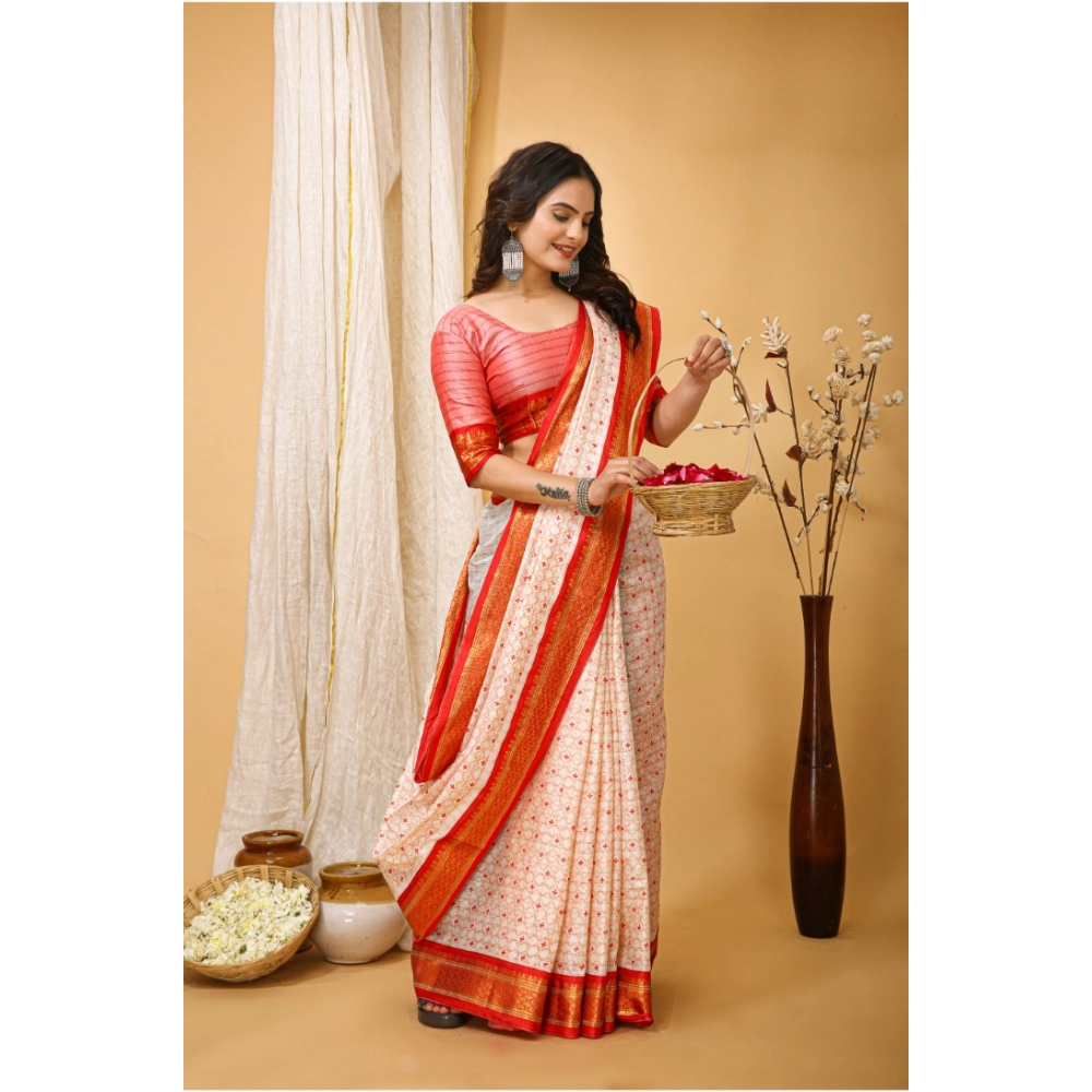 Generic Women's Soft Cotton Silk Printed Saree With Unstitched Blouse 5.5Mtr (Red) - Image 2