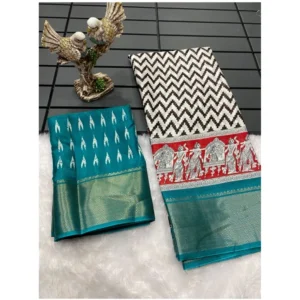 Generic Women's Soft Dola Cotton Kalamkari Printed Saree With Unstitched Blouse 5.5Mtr (Turquoise)