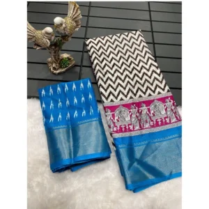 Generic Women's Soft Dola Cotton Kalamkari Printed Saree With Unstitched Blouse 5.5Mtr (Sky Blue)