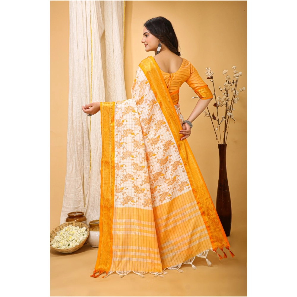 Generic Women's Soft Cotton Silk Printed Saree With Unstitched Blouse 5.5Mtr (Yellow) - Image 3
