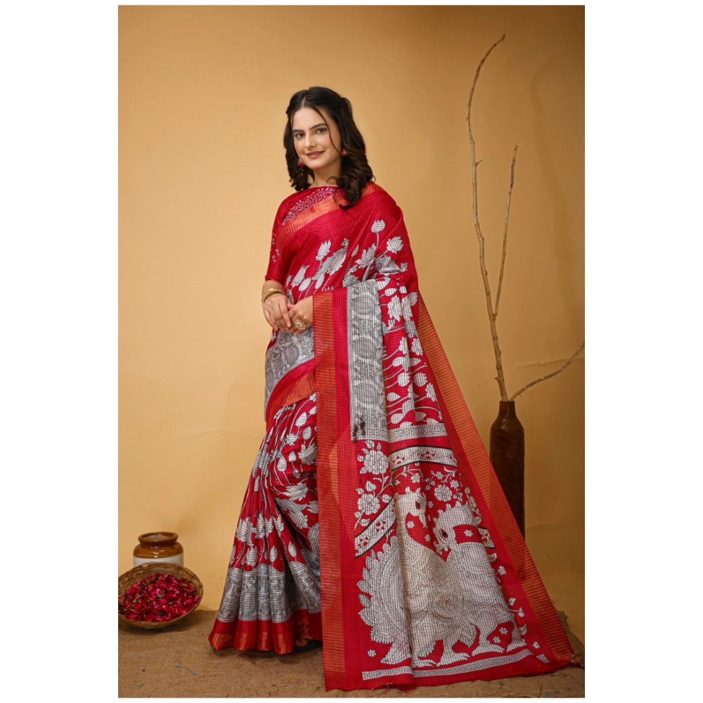 Generic Women's Soft Handloom Cotton Kalamkari Printed Saree With Unstitched Blouse 5.5Mtr (Pink) - Image 4